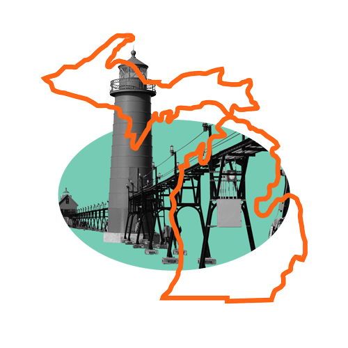 Collage with a black and white lighthouse and pier, orange outline of Michigan, and a mint green oval