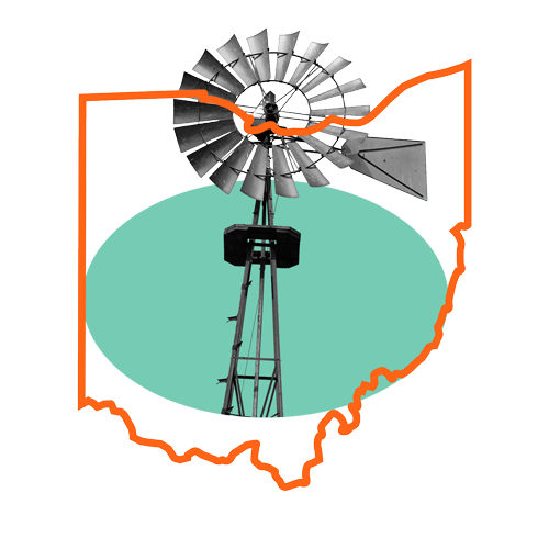 Collage with a black and white windmill, orange outline of Ohio, and a mint green oval