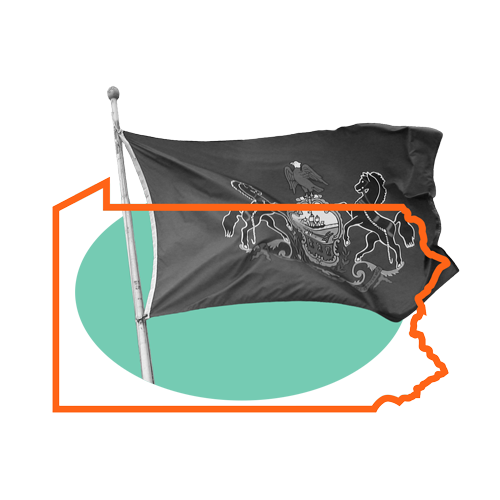 Collage with a black and white Pennsylvania state flag, orange outline of Pennsylvania, and a mint green oval
