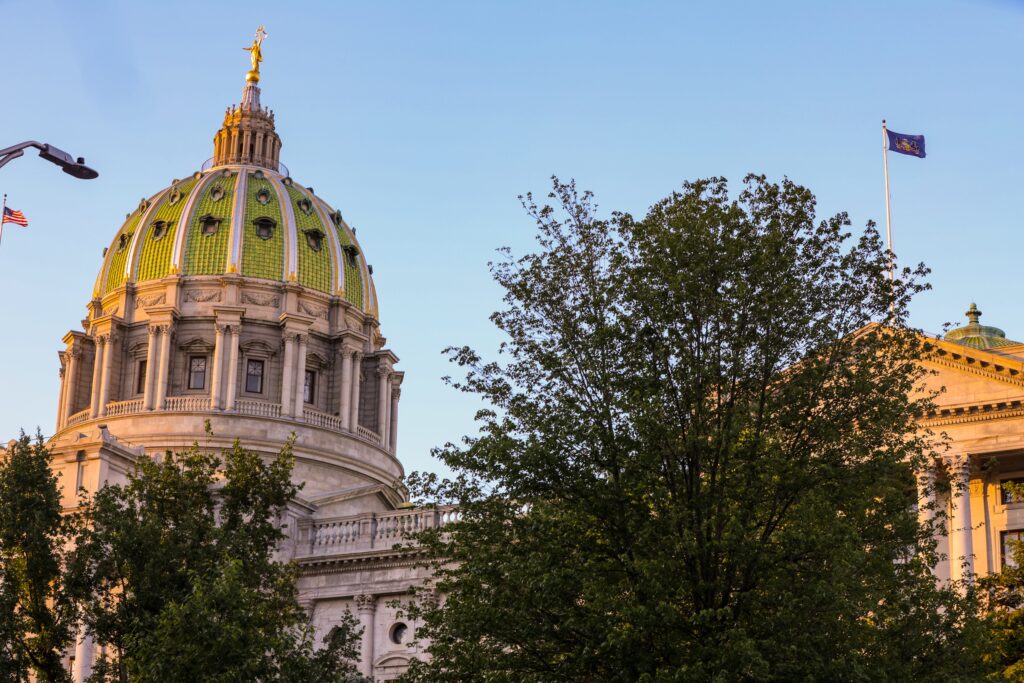 The Pennsylvania state capitol during golden hour.